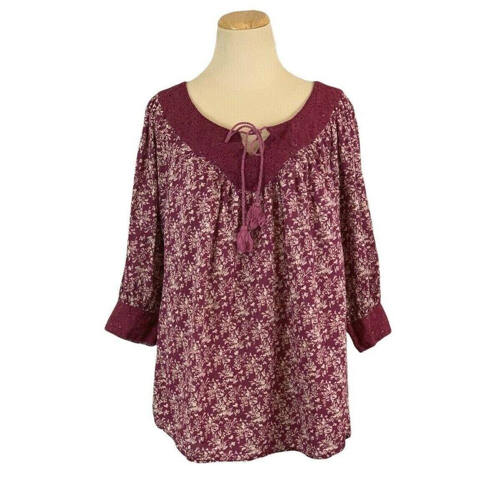 Vintage America Red Floral Long Sleeves Tunic Top M